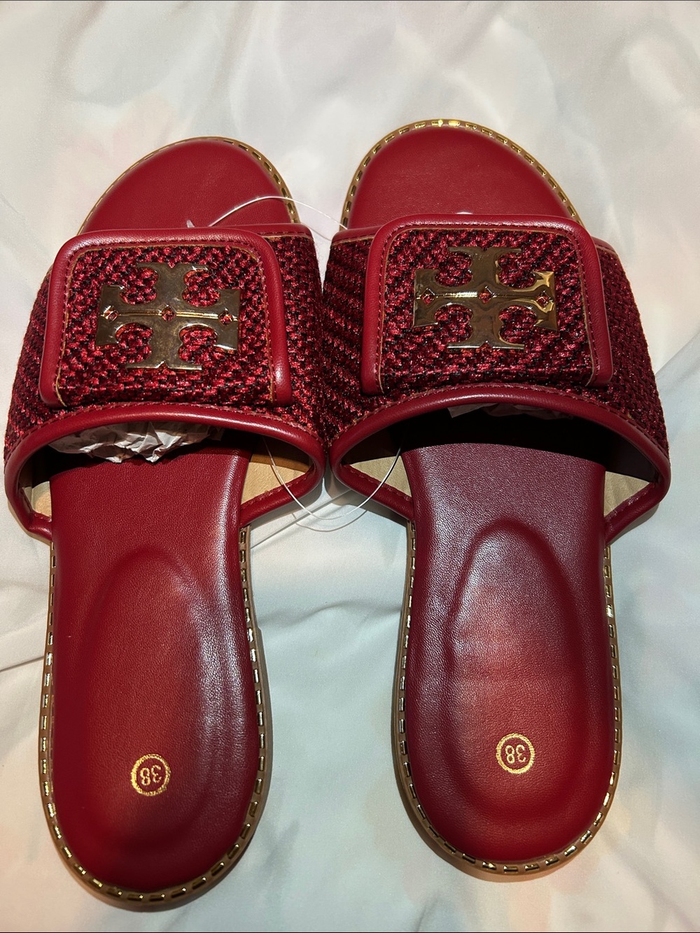 Tory Burch Red Raffia Logo Slide Mule